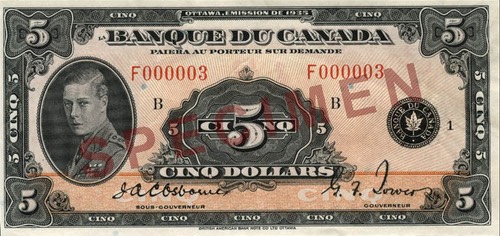 Obverse of $5 banknote, Canada 1935 Series, French version