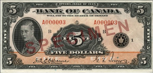 Obverse of $5 banknote, Canada 1935 Series, English version