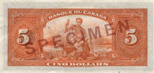 Reverse of $5 banknote, Canada 1935 Series, French version