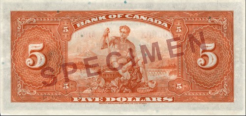 Reverse of $5 banknote, Canada 1935 Series, English version